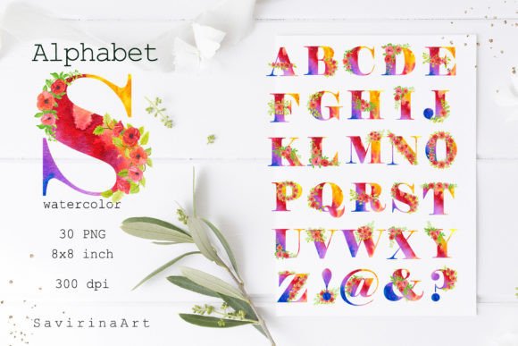 Alphabet Watercolor Flowers Rose Illustrations