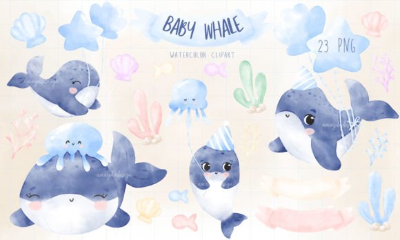 Baby Whale Watercolor Clipart & Illustrations