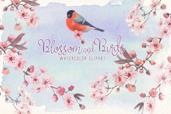 Blossom and Birds Watercolor Clipart