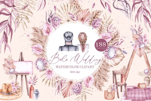 Boho Wedding Watercolor Clipart PNG Illustrations