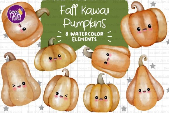 Fall Kawaii Pumpkin Watercolor PNG Illustrations