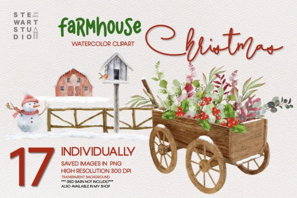 Farmhouse Christmas Watercolor Clipart & Illustrations