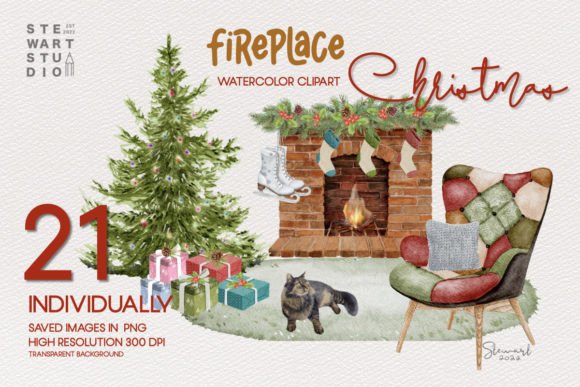 Fireplace Christmas Watercolor Clipart & Illustrations
