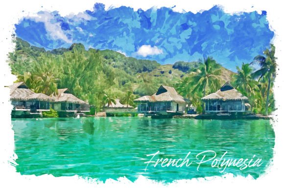 French Polynesia Watercolor Poster & Illustrations