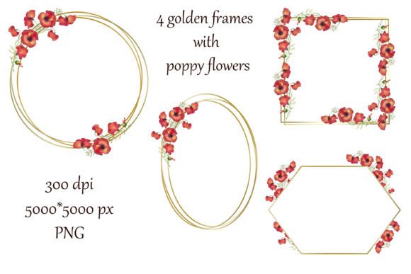 Golden Frames with Watercolor Poppies Illustrations
