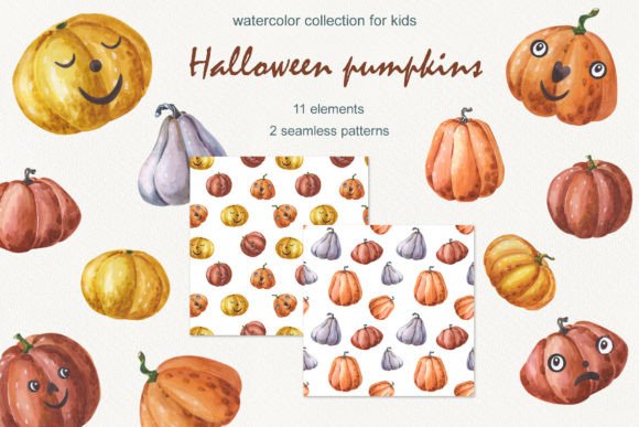 Halloween Pumpkins Watercolor Illustrations