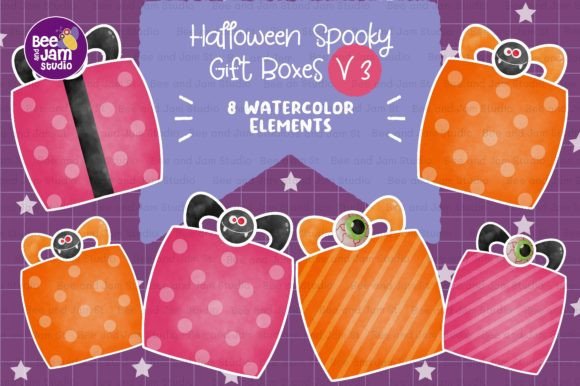 Halloween Spooky Gift Box Watercolor V3 Illustrations