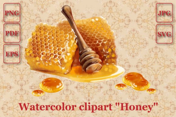 Honey Spoon and Honeycomb Watercolor Illustrations