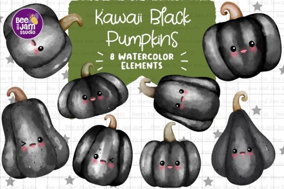 Kawaii Halloween Pumpkin Watercolor PNG Illustrations