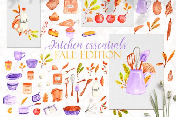 Kitchen Essential Watercolor Clipart & Illustrations