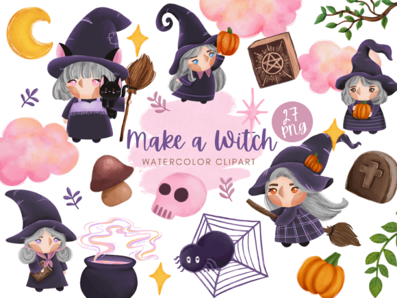 Make a Witch Watercolor Clipart & Illustrations