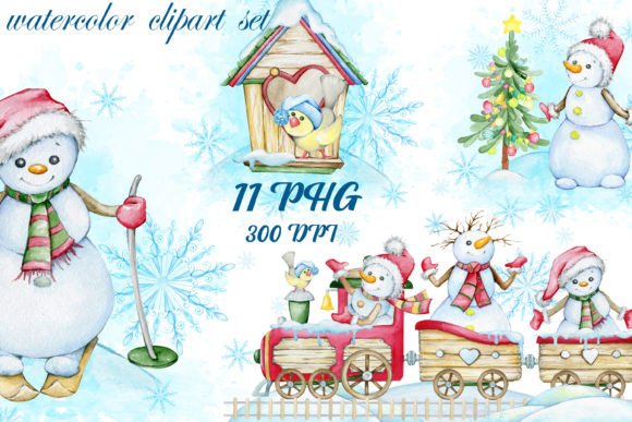 Snowman Watercolor Winter Scene PNG, Win Illustrations