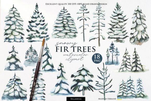 Snowy Fir Trees Watercolor Clipart & Illustrations