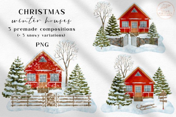 Snowy Winter House Watercolor Clipart & Illustrations