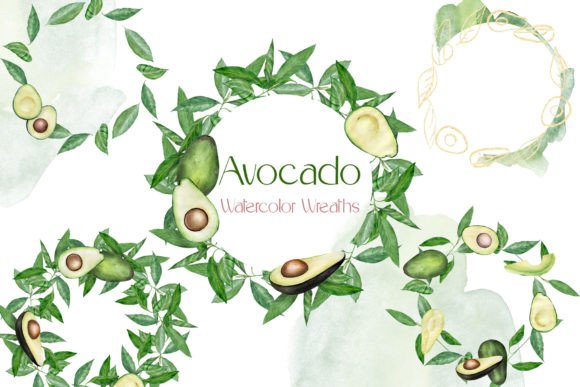 Watercolor Avocado Wreaths Clipart PND Illustrations