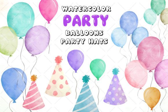 Watercolor Balloons and Party Hats Illustrations