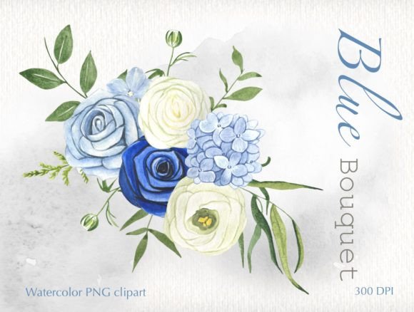 Watercolor Blue Floral Bouquet Illustrations