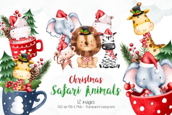 Watercolor Christmas Safari Animals Illustrations