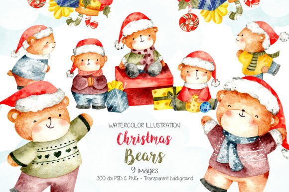 Watercolor Christmas Teddy Bear Illustrations Review