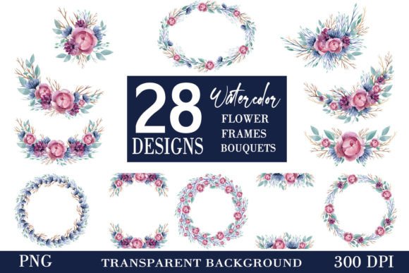 Watercolor Floral Frames: 28 PNG Illustrations
