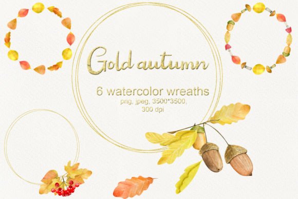 Watercolor Gold Autumn Wreaths & Illustrations