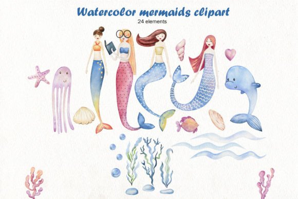 Watercolor Mermaid Clipart & Illustrations