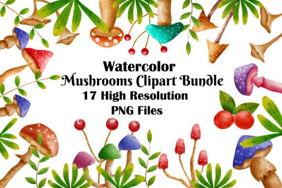 Watercolor Mushrooms Clipart Set Bundle