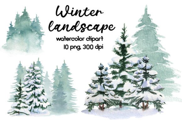 Watercolor Winter Landscape Clipart & Illustrations
