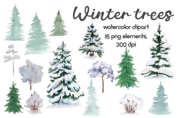 Watercolor Winter Trees Clipart & Illustrations